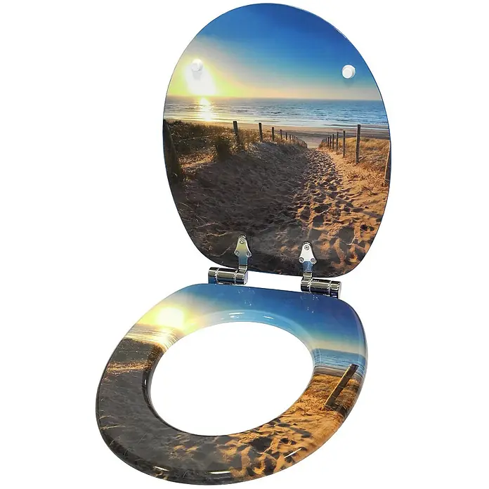 SANILO WC-Sitz Düne - MDF, Braun, Ohne Absenkautomatik - Toilettensitz mit Strand-Sonnenuntergangs-Design: ein Pfad durch Sanddünen zum Meer unter der untergehenden Sonne. Glänzende Oberfläche.