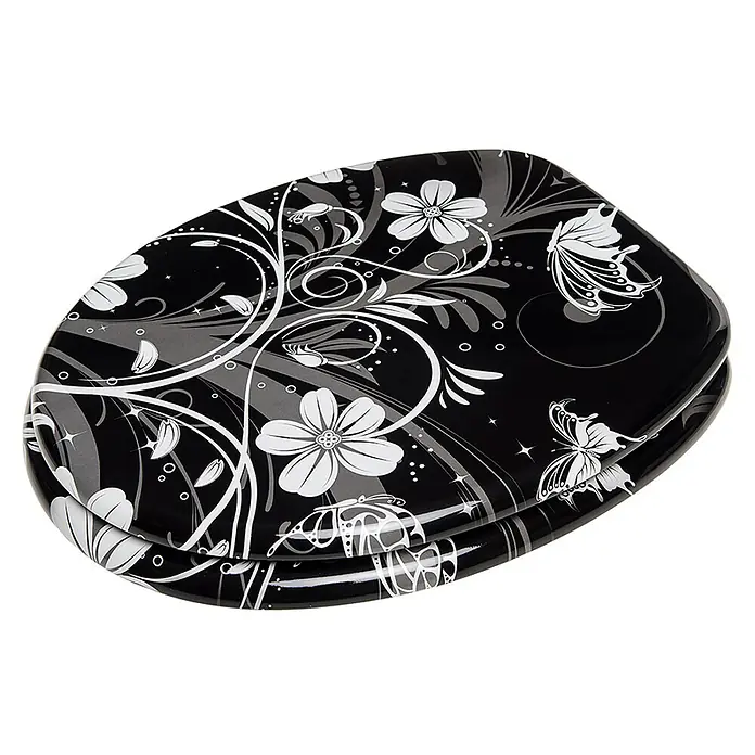 SANILO WC-Sitz White Flower - MDF, Schwarz, Ohne Absenkautomatik - Schwarzer glänzender Toilettensitz mit weißem und grauem Blumen- und Schmetterlingsmuster.