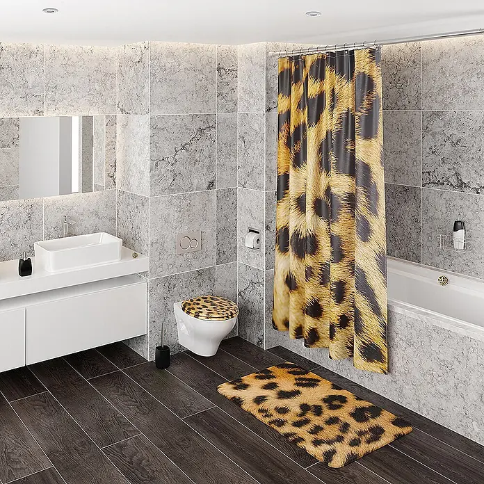 SANILO WC-Sitz Leopardenfell mit Schnellverschluss - MDF, Braun, Mit Absenkautomatik - Leopard-Print Duschvorhang, Toilettensitzbezug und Badematte in einem modernen Badezimmer.