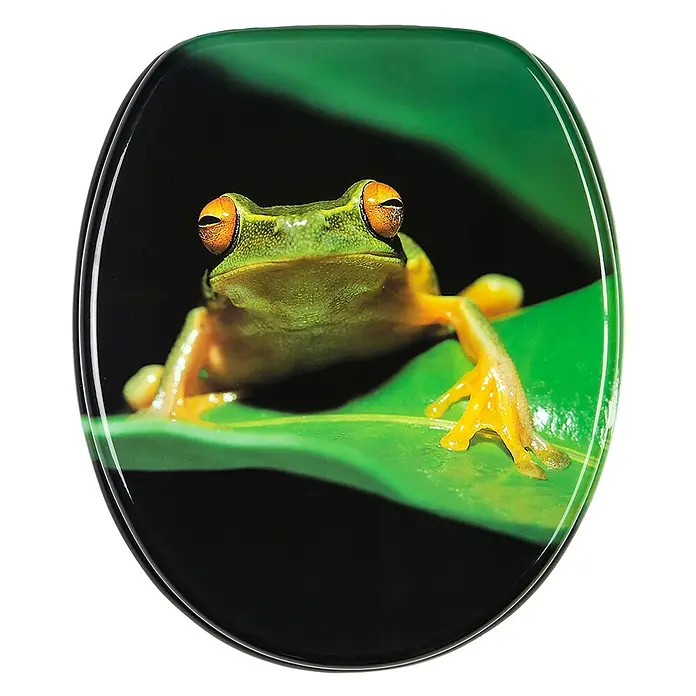 SANILO WC-Sitz Frosch-Grün - MDF, Grün, Ohne Absenkautomatik - Glänzender Toilettensitzbezug mit Froschmotiv auf grünem Blatt.