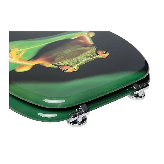 SANILO WC-Sitz Frosch-Grün - MDF, Grün, Ohne Absenkautomatik - Grüner Toilettensitz mit Rotaugenfrosch-Print auf dem Deckel und Chromscharnieren.