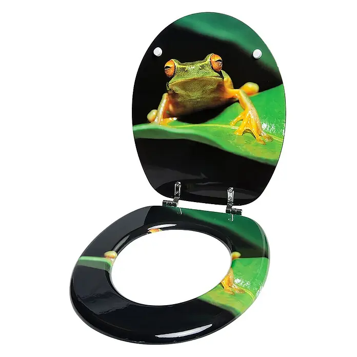 SANILO WC-Sitz Frosch-Grün - MDF, Grün, Ohne Absenkautomatik - Grüner und schwarzer Toilettensitz mit lebhaftem Froschdesign auf einem Blatt.