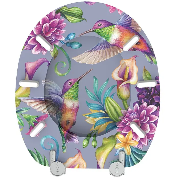SANILO WC-Sitz Kolibri - MDF, Lila, Ohne Absenkautomatik - Bunter Toilettensitz mit lebhaftem Kolibri- und Blumen-Aquarellmuster auf lavendelfarbenem Hintergrund.
