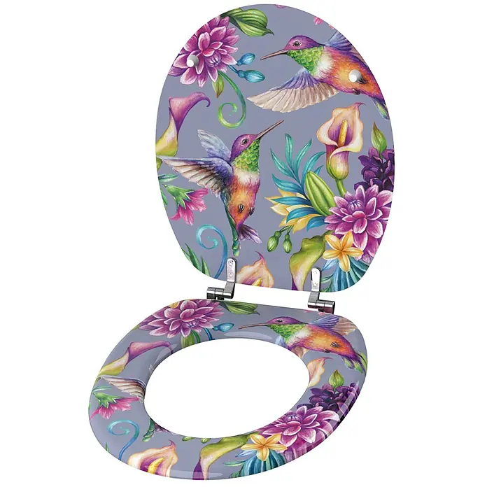 SANILO WC-Sitz Kolibri - MDF, Lila, Ohne Absenkautomatik - Grauer Toilettensitz mit farbenfrohem Kolibri- und Blumenmuster.
