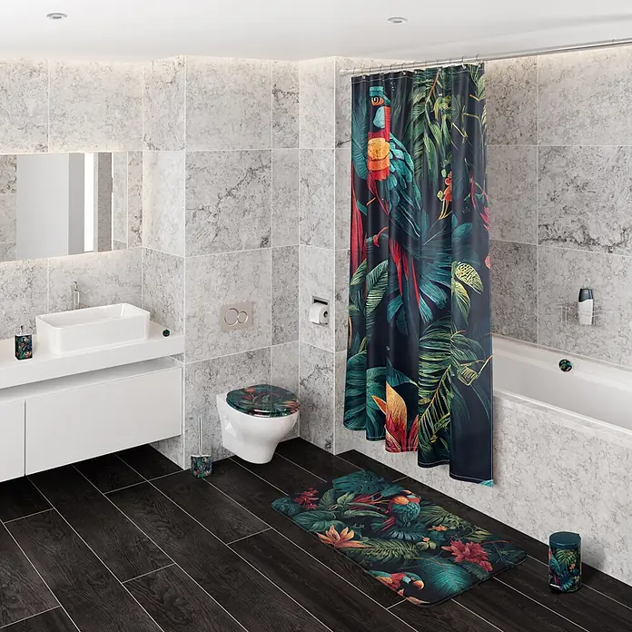 SANILO Kosmetikeimer Exotic - 3 l, Metall, Grün|Rot|Gelb|Orange - Badezimmer mit tropischem Papageien- & Pflanzen-Motiv auf Duschvorhang, Badematte, Toilettensitz, Seifenspender & Bürstenhalter.