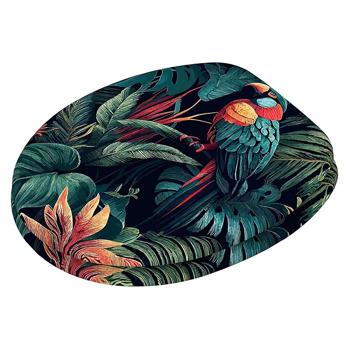 SANILO WC-Sitz Exotic - MDF, Grün, Ohne Absenkautomatik - Lebendige Illustration eines bunten Papageis inmitten tropischer Blätter und Blüten, in unregelmäßiger ovaler Form.