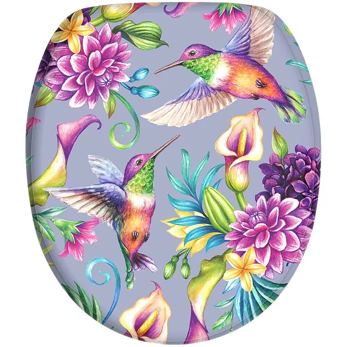 SANILO WC-Sitz Kolibri - MDF, Lila, Ohne Absenkautomatik - Toilettensitz mit bunter Aquarell-Illustration von Kolibris und tropischen Blumen auf lavendelfarbenem Hintergrund.
