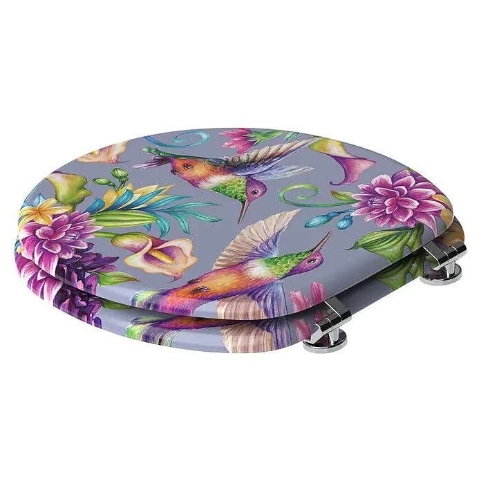 SANILO WC-Sitz Kolibri - MDF, Lila, Ohne Absenkautomatik - Glänzender grauer Toilettensitz mit lebhaften Aquarell-Kolibris und tropischen Blumen.