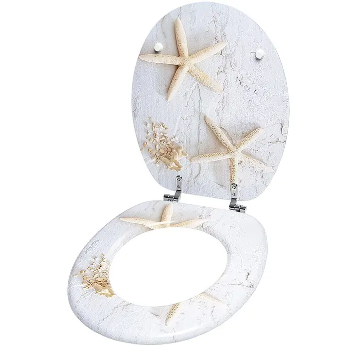 SANILO WC-Sitz Seesterne - MDF, Grau, Ohne Absenkautomatik - Offener weißer Toilettensitz und Deckel mit Seestern- und Muschelmotiven. Mit texturierter Oberfläche und Chromscharnieren.