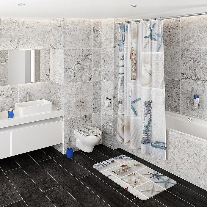 SANILO WC-Sitz Meeresbrise - MDF, Blau, Ohne Absenkautomatik - Küstliches Badezimmer-Set mit Duschvorhang, Badematte und WC-Deckel mit blauen Seesternen und Muscheln.