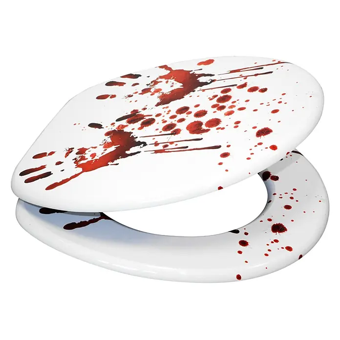 SANILO WC-Sitz Blood Hands - MDF, Rot, Ohne Absenkautomatik - Weißer Toilettensitz und Deckel mit rotem Blutspritzermuster.