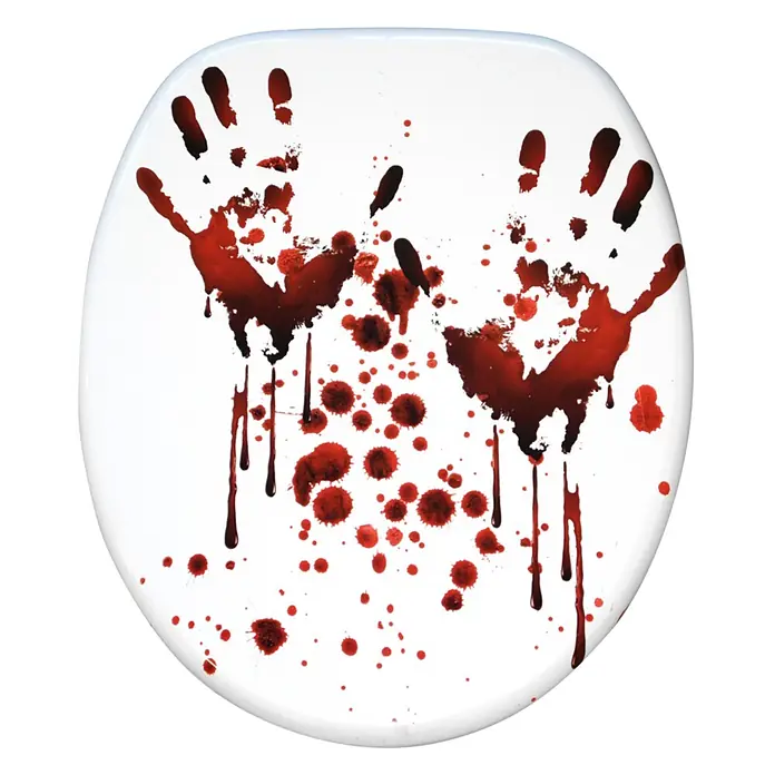 SANILO WC-Sitz Blood Hands - MDF, Rot, Ohne Absenkautomatik - Weißer Toilettensitz mit roten Blutspritzern, Tropfen und zwei blutigen Handabdrücken.