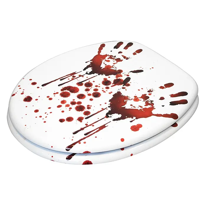 SANILO WC-Sitz Blood Hands - MDF, Rot, Ohne Absenkautomatik - Weiße Toilettenbrille mit roten Blutspritzern und Handabdrücken als Motiv.