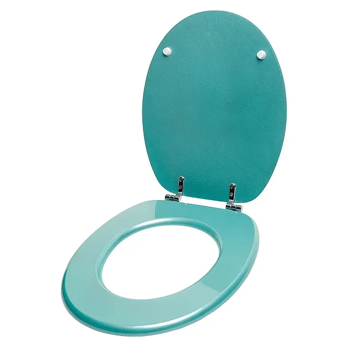 SANILO WC-Sitz Glitzer Türkis - MDF, Türkis, Ohne Absenkautomatik - Offener türkiser Toilettensitz und Deckel, glänzender Sitz, matter Deckel mit Chromscharnieren.