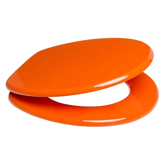 SANILO WC-Sitz Orange - MDF, Orange, Ohne Absenkautomatik - Glänzender oranger Toilettensitz mit Deckel, teilweise geöffnet.