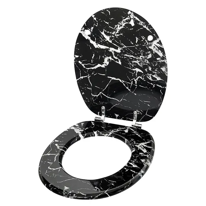 SANILO WC-Sitz Marmor Schwarz - MDF, Schwarz, Ohne Absenkautomatik - Schwarz marmorierter Toilettensitz mit geöffnetem Deckel.