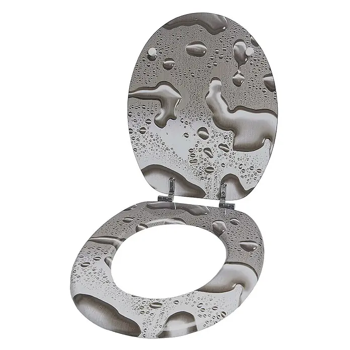 SANILO WC-Sitz Dewdrop - MDF, Grau, Ohne Absenkautomatik - Grauer Toilettensitz und Deckel mit gebürsteter Metalloptik und Wassertropfen-Muster.