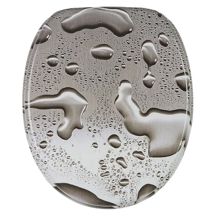SANILO WC-Sitz Dewdrop - MDF, Grau, Ohne Absenkautomatik - Toilettensitz mit silber-grauem gebürstetem Metalleffekt und realistischem Wassertropfen-Design.