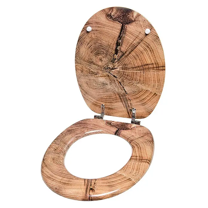 SANILO WC-Sitz Old Tree - MDF, Braun, Ohne Absenkautomatik - Offener Toilettensitz aus Holz mit natürlicher Baumstammscheiben-Optik, zeigt Jahresringe und Risse.