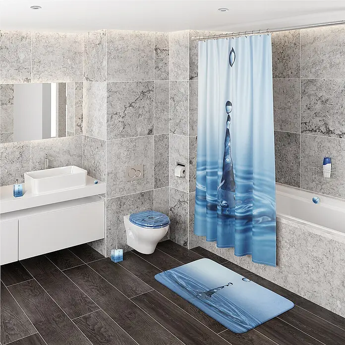 SANILO WC-Sitz Tropfen - MDF, Blau, Ohne Absenkautomatik - Blaues Badezimmer-Set mit Wassertropfen-Motiv, Duschvorhang, Toilettensitz, Badematte und Accessoires im modernen Bad.