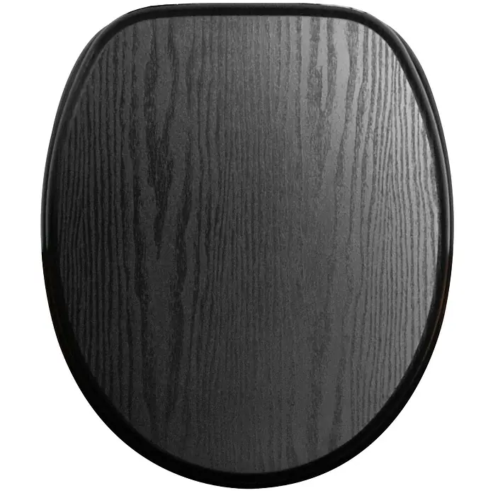 SANILO WC-Sitz Black Wood - MDF, Schwarz, Ohne Absenkautomatik - Schwarzer ovaler Toilettensitz mit Holzmaserung.