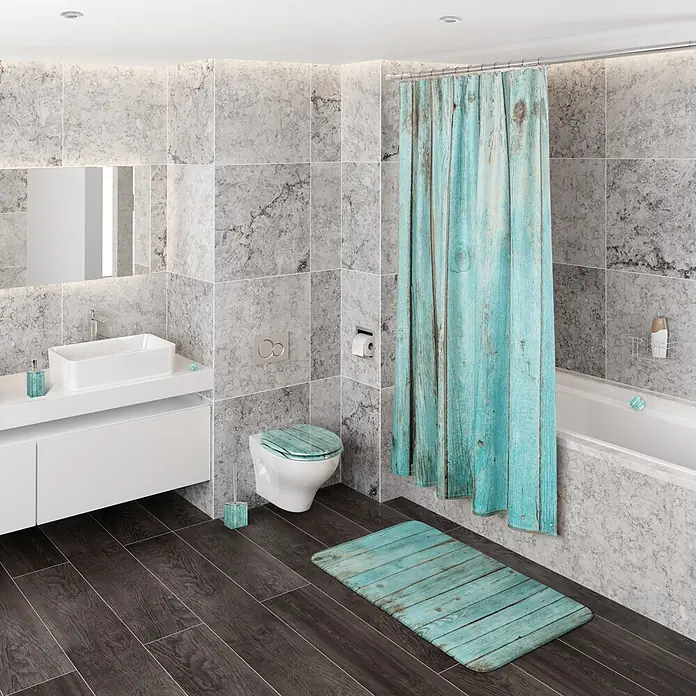 SANILO WC-Sitz Lumber - MDF, Türkis, Ohne Absenkautomatik - Modernes Badezimmer mit Duschvorhang, Badematte, WC-Sitz und Zubehör in verwitterter türkiser Holzoptik.
