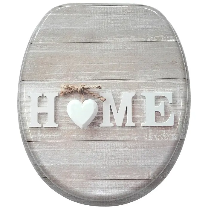 SANILO WC-Sitz Home - MDF, Braun, Ohne Absenkautomatik - Toilettensitzbezug mit hellem Holzplankenmuster und weißem 'HOME'-Schriftzug, wobei ein Herz das 'O' ersetzt und mit Schnur gebunden ist.