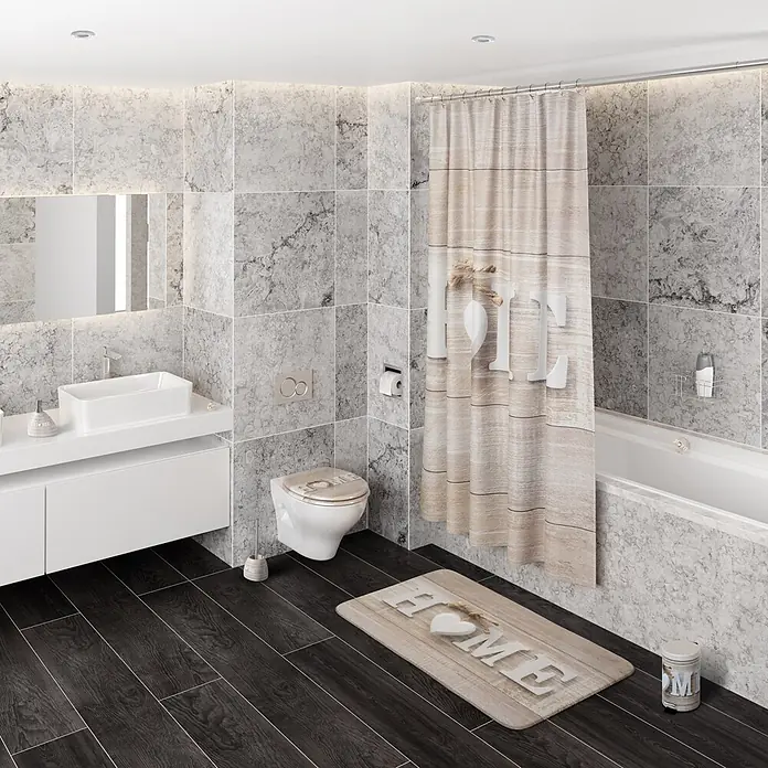 SANILO WC-Sitz Home - MDF, Braun, Ohne Absenkautomatik - Koordiniertes 'HOME' Bad-Set mit Duschvorhang, Matte und Accessoires in heller Holzoptik in einem modernen Badezimmer.
