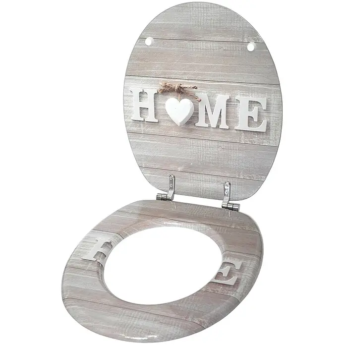 SANILO WC-Sitz Home - MDF, Braun, Ohne Absenkautomatik - Rustikaler WC-Sitz in Holzoptik mit der Aufschrift „HOME“ und einem Herz auf dem Deckel sowie Teilen des Wortes auf dem Sitz.