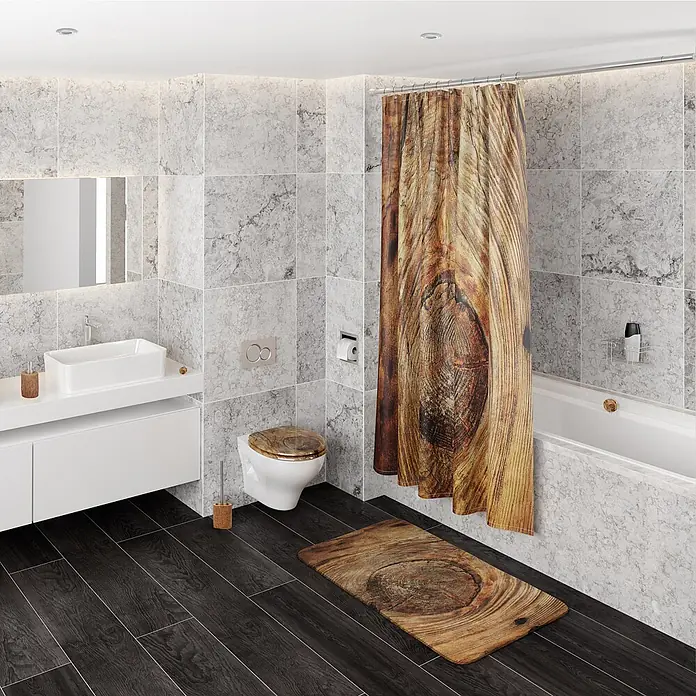 SANILO WC-Sitz Rustikal mit Schnellverschluss - MDF, Braun, Mit Absenkautomatik - Duschvorhang und Badematte mit realistischem Holzmaserungsdruck in einem modernen Badezimmer.