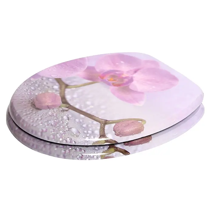 SANILO WC-Sitz Blooming - MDF, Hellrosa, Ohne Absenkautomatik - Toilettensitz mit Aufdruck von rosa Orchideen und Wassertropfen, mit glänzender Oberfläche.
