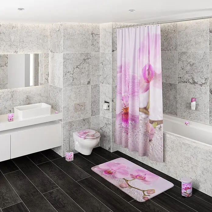 SANILO WC-Sitz Blooming mit Schnellverschluss - MDF, Pink, Mit Absenkautomatik - Modernes Badezimmer mit passendem pinken Orchideen-Accessoire-Set: Duschvorhang, Badematte und Toilettendeckelbezug.