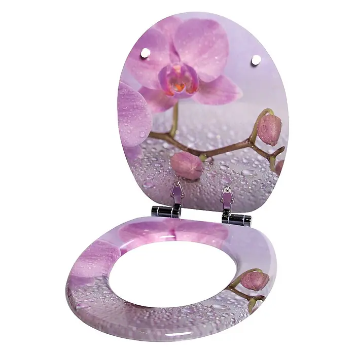 SANILO WC-Sitz Blooming - MDF, Hellrosa, Ohne Absenkautomatik - Dekorativer Toilettensitz mit lebhaftem lila Orchideen- und Wassertropfenmuster.