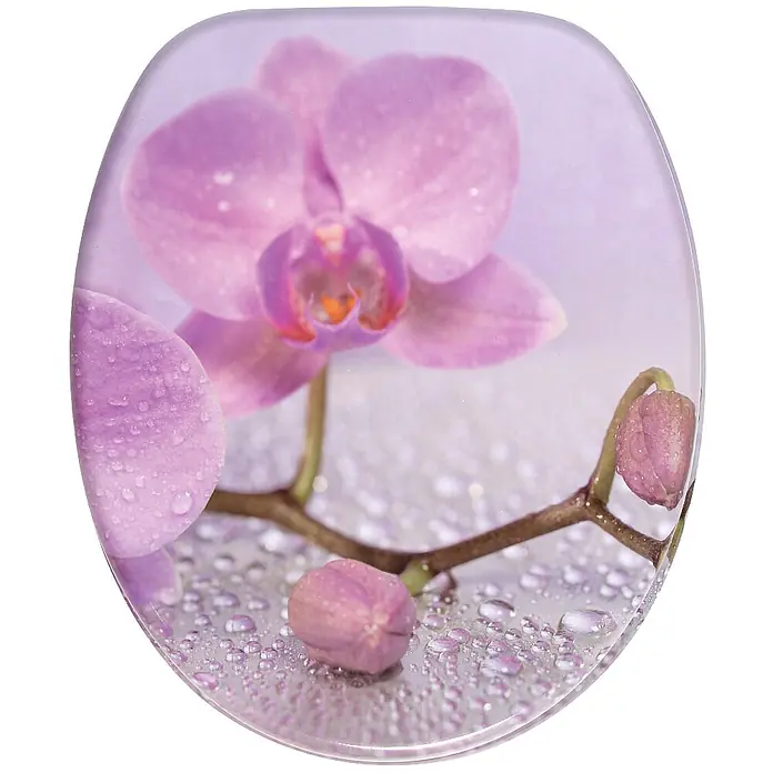 SANILO WC-Sitz Blooming - MDF, Hellrosa, Ohne Absenkautomatik - Toilettensitz mit lila Orchideen- und Wassertropfen-Design.
