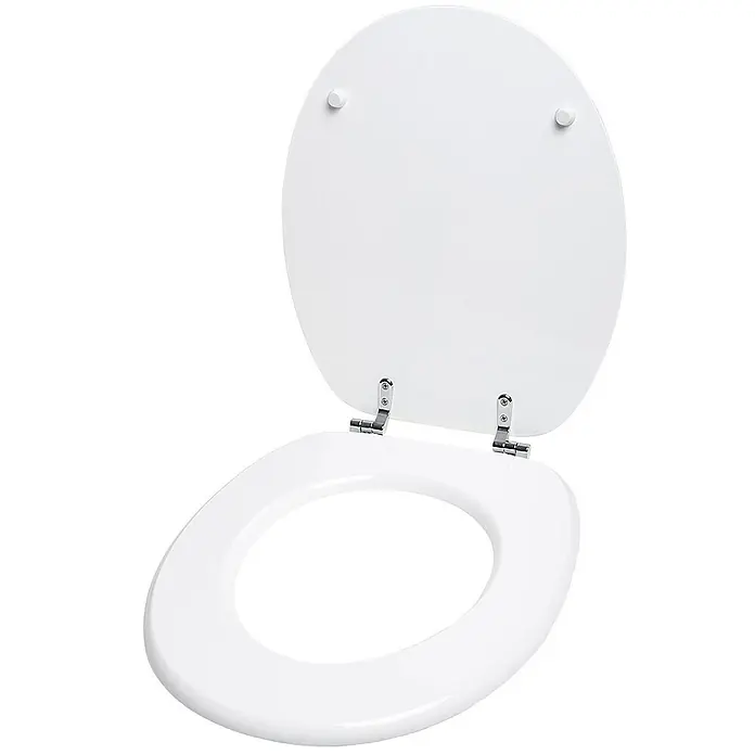 SANILO WC-Sitz Weiß - MDF, Weiß, Ohne Absenkautomatik - Weißer Toilettensitz mit offenem Deckel und Chromscharnieren.