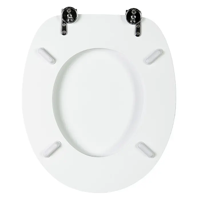 SANILO WC-Sitz Weiß - MDF, Weiß, Ohne Absenkautomatik - Weißer Toilettensitz mit Chromscharnieren und durchsichtigen Gummipuffern auf der Unterseite.