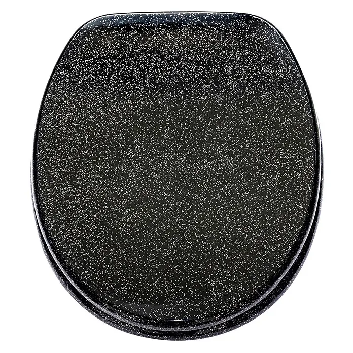 SANILO WC-Sitz Glitzer Schwarz - MDF, Schwarz, Ohne Absenkautomatik - Schwarzer Glitzer-Toilettensitz, geschlossen, Draufsicht.
