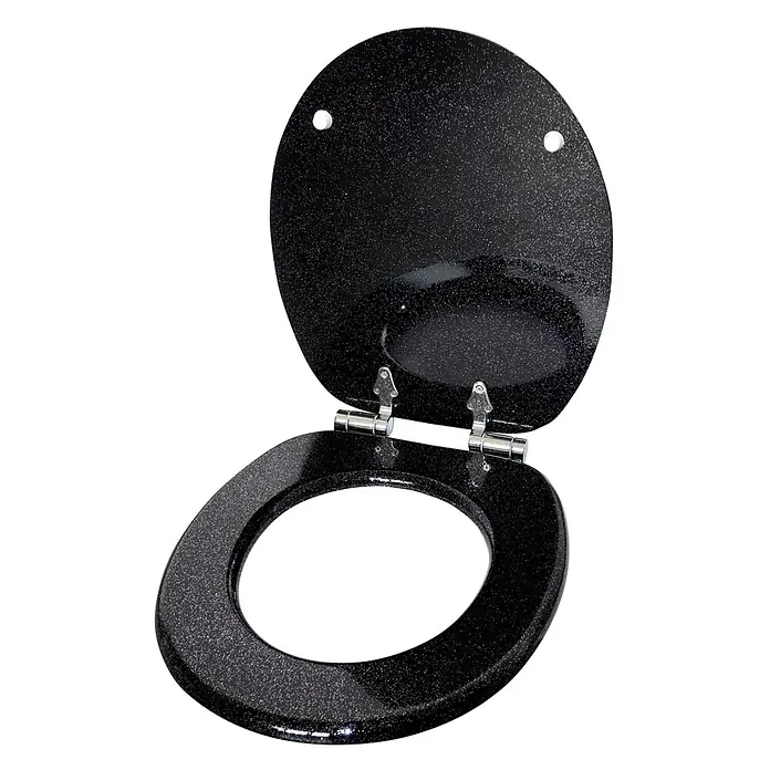 SANILO WC-Sitz Glitzer Schwarz - MDF, Schwarz, Ohne Absenkautomatik - Schwarzer Glitzer-Toilettensitz mit offenem Deckel und Chromscharnieren.