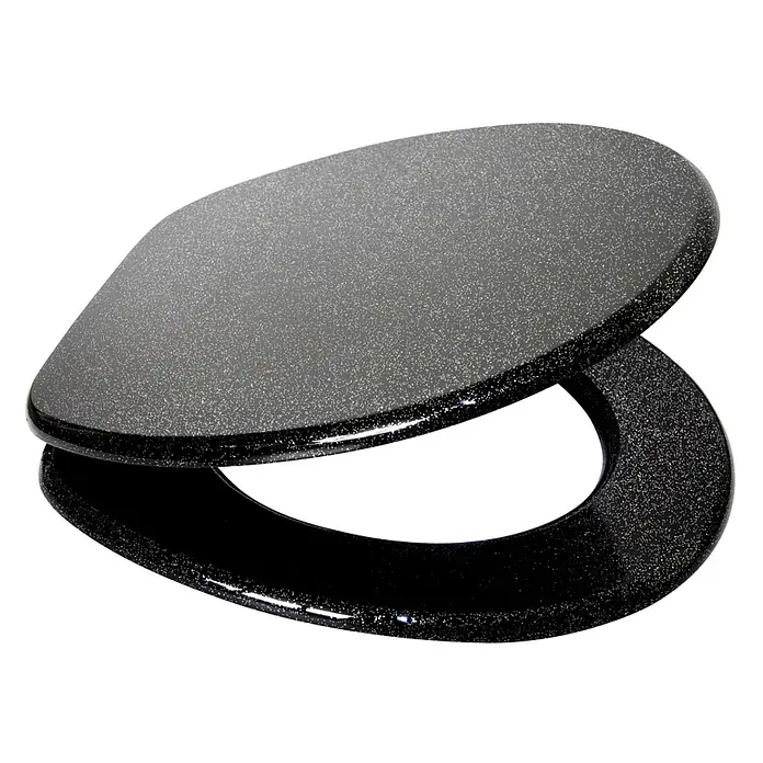 SANILO WC-Sitz Glitzer Schwarz - MDF, Schwarz, Ohne Absenkautomatik - Schwarzer Toilettensitz mit Glitzer-Finish, Deckel geöffnet.