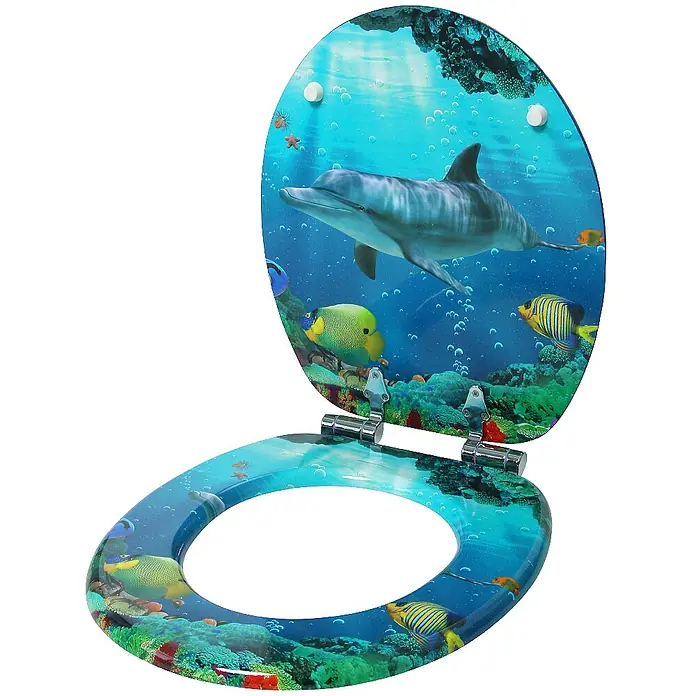 SANILO WC-Sitz Delphine - MDF, Blau, Ohne Absenkautomatik - Acryl-Toilettensitz und -Deckel mit einem lebhaften Unterwasser-Delfin- und Fischdesign.