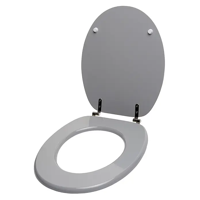 SANILO WC-Sitz Manhattan Grau - MDF, Grau, Ohne Absenkautomatik - Offener grauer ovaler Toilettensitz mit Deckel und Chromscharnieren.