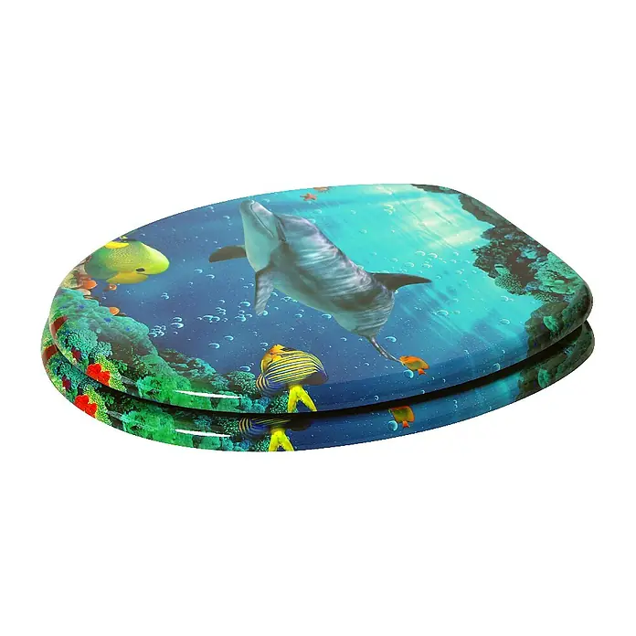 SANILO WC-Sitz Delphine - MDF, Blau, Ohne Absenkautomatik - Toilettensitz mit einer lebhaften Unterwasserszene mit Delfin, Korallen und bunten Fischen.