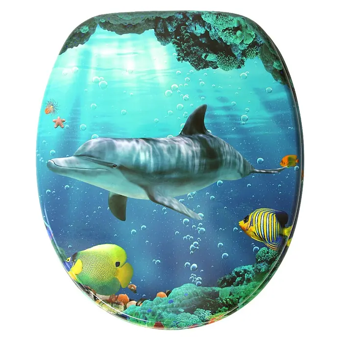 SANILO WC-Sitz Delphine - MDF, Blau, Ohne Absenkautomatik - Toilettensitz mit Unterwasser-Design, Delfin und bunten Fischen.