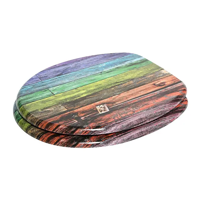 SANILO WC-Sitz Rainbow - MDF, Multicolor, Ohne Absenkautomatik - Glänzender Toilettensitz mit lebhaftem, regenbogenfarbenem Holzplankenmuster.