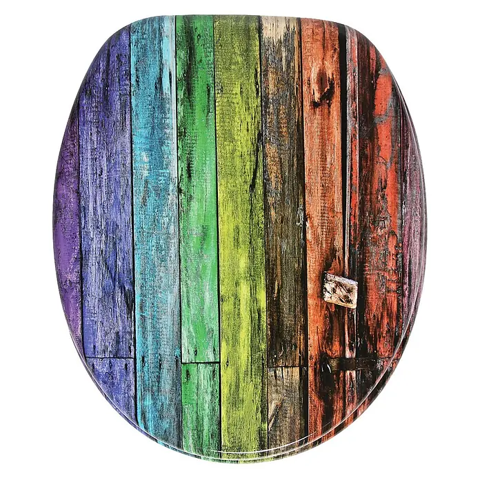 SANILO WC-Sitz Rainbow - MDF, Multicolor, Ohne Absenkautomatik - Toilettensitz mit lebhaftem, regenbogenfarbenem Holzplanken-Design und rustikalem, verwittertem Aussehen.
