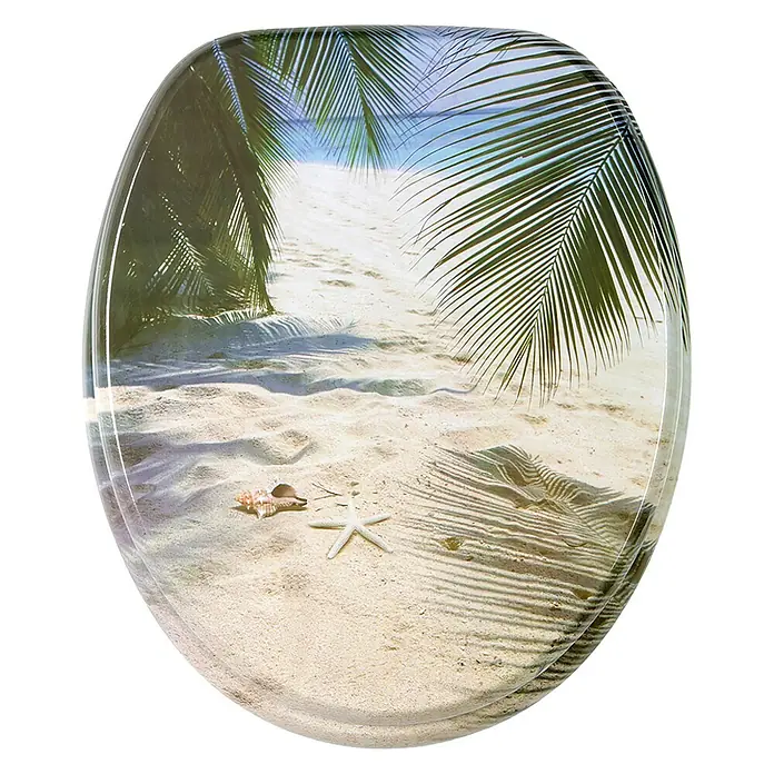 SANILO WC-Sitz Beach - MDF, Beige, Ohne Absenkautomatik - Toilettensitz mit Glanzoberfläche und Strandmotiv: Sandstrand, Palmenwedel, Seestern und Muschel.