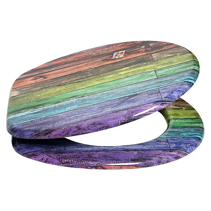 SANILO WC-Sitz Rainbow - MDF, Multicolor, Ohne Absenkautomatik - Regenbogenfarbiger Toilettensitz in verwitterter Holzoptik, geöffnet dargestellt.