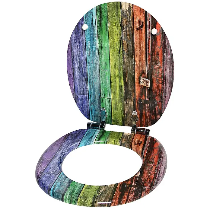 SANILO WC-Sitz Rainbow - MDF, Multicolor, Ohne Absenkautomatik - Regenbogenfarbener Toilettensitz und Deckel in Holzoptik, offen, mit lebhaftem Plankendesign.