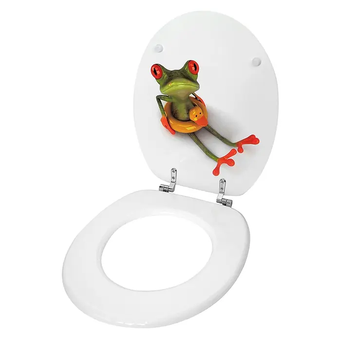 SANILO WC-Sitz Froggy - MDF, Grün, Ohne Absenkautomatik - Weißer Toilettensitz mit grüner Froschdekoration auf dem Deckel. Der Frosch hat rote Augen und trägt einen gelben Schwimmring mit einer Ente.
