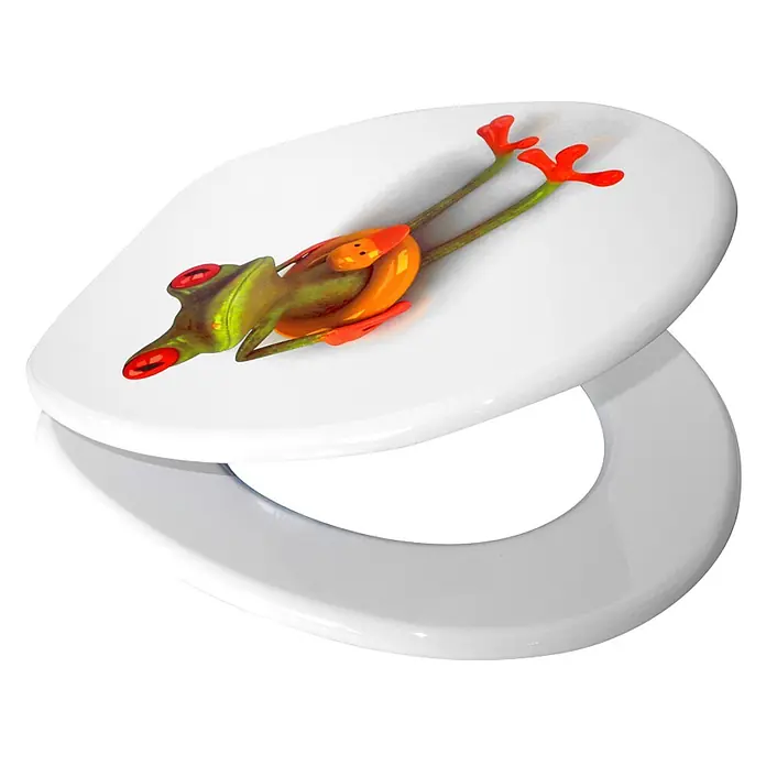SANILO WC-Sitz Froggy - MDF, Grün, Ohne Absenkautomatik - Weißer WC-Sitz mit lebhaftem Rotaugenlaubfrosch-Design auf dem Deckel.